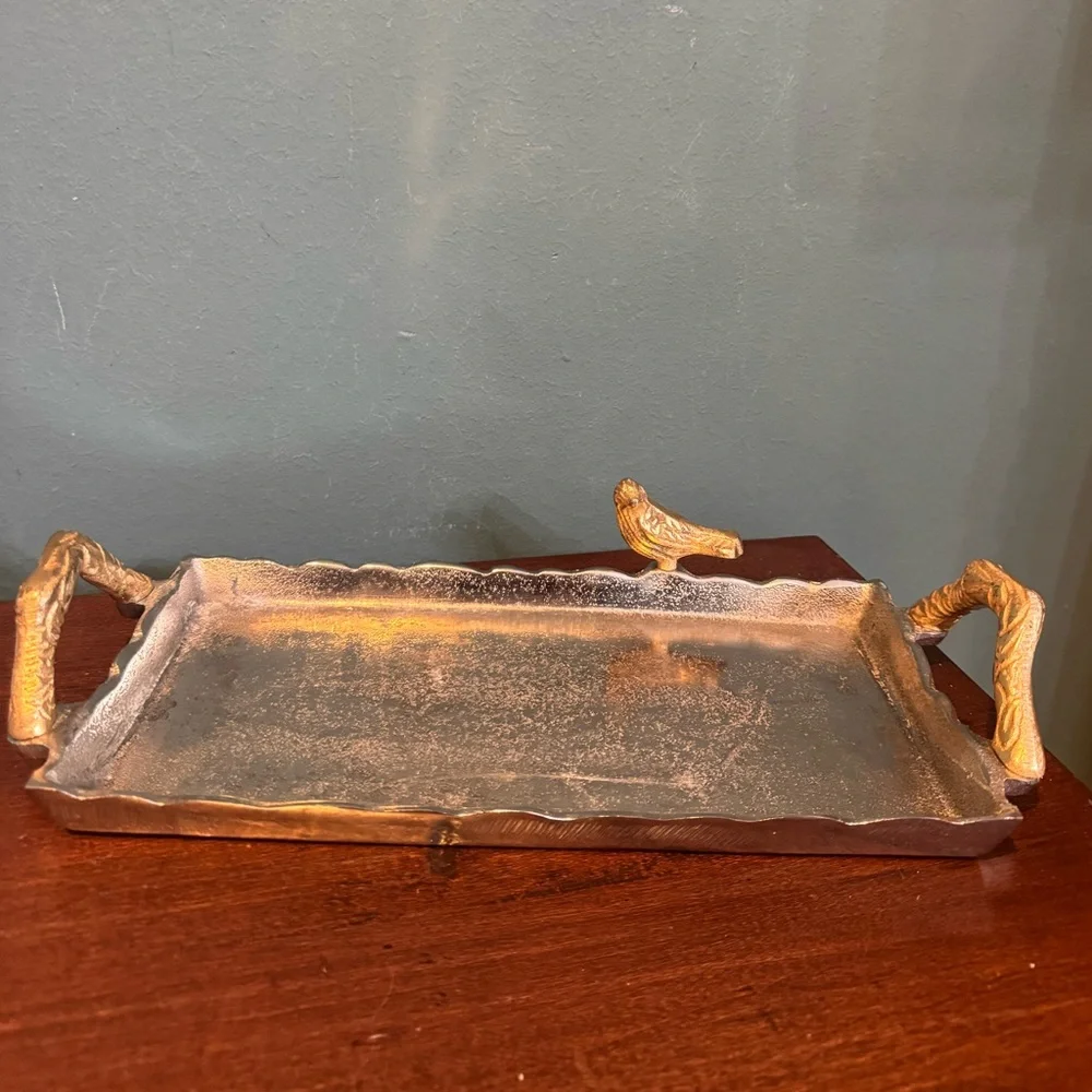 Elegant Silver and Gold Metal Rectangular Tray with Bird and Branch Handles